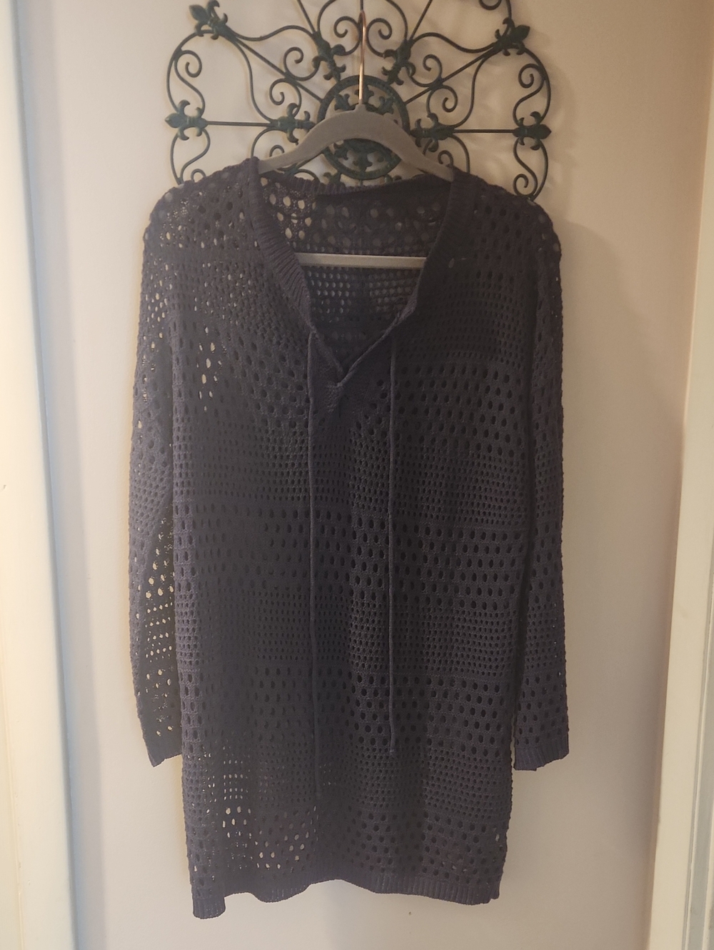 Open-Knit V-Neck Sweater Tunic in Navy